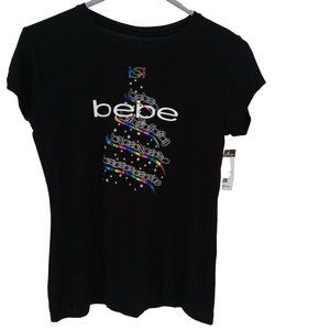 BEBE AUTHENTIC CHRISTMAS TREE WOMENS MEDIUM BLACK CREW NECK SHORT SLEEVE T SHIRT